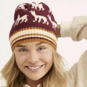 NWOT Free People Beanie Hat Alpaca Print with Pom Pom